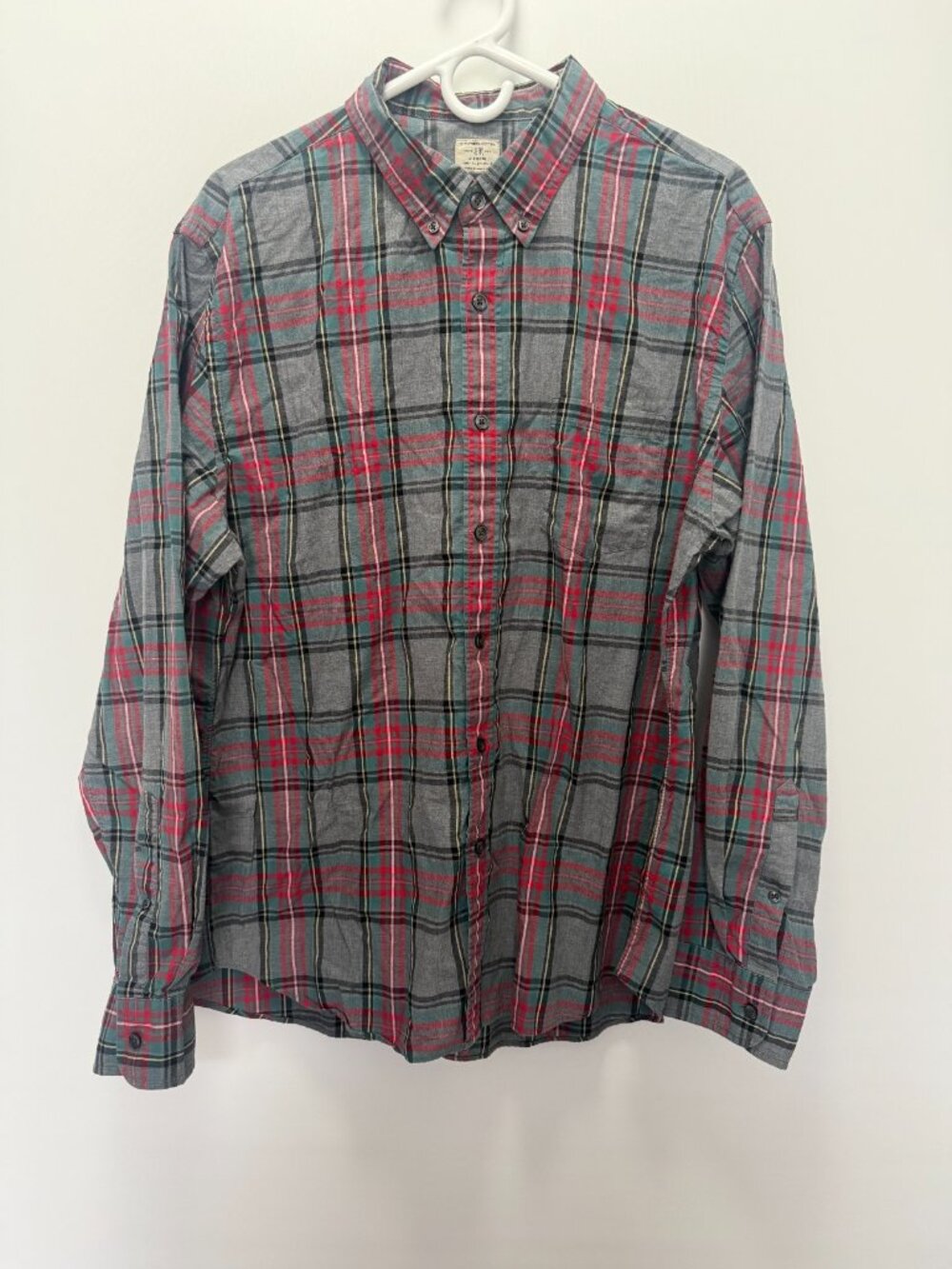 J. Crew Shirt Mens XL Gray Red Plaid Button Down 2-Ply Cotton Long Sleeve